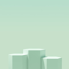 Hexagon platform podium with natural light on green background for product display. Empty podium platform.