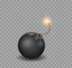 Black bomb realistic. Burning fuse glossy explosive dynamite isolated. Dangerous destruction sphere - obrazy, fototapety, plakaty