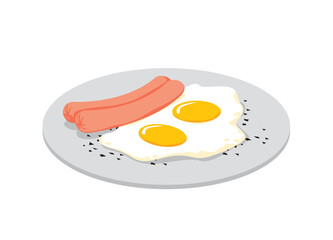 Breakfast. A plate with fried eggs and two sausages. Vector image for prints, poster and illustrations.