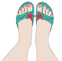 Woman feet on the beach in slippers shoes, cartoon illustration isolated on white background