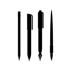 Set of writing tools: pencil, pen, brush. Vector illustration. Black silhouette on a white isolated background. Icon, logo