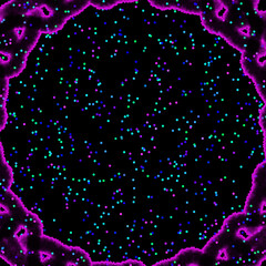 Frame for postcard design. Multi-colored small confetti on a black background.