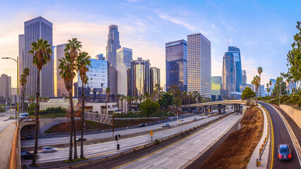 Fototapeta na wymiar the skyline of los angeles during sunrise, california