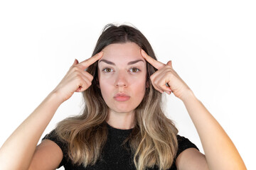 Fototapeta premium Young girl wants forehead liftmake plastic surgery. Labiaplasty. Medical operations. Facial Aesthetics. Isolated white background. 