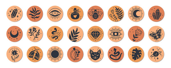 Big Set of various vector highlight covers with mystical boho elements, moon, start, leaf, sacred witch and mystical symbols, featuring astrology objects, crystal, moon, fantasy animals