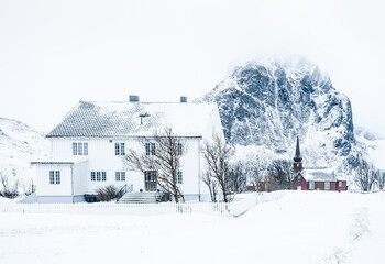 house in the mountains in the lofoten archipelago