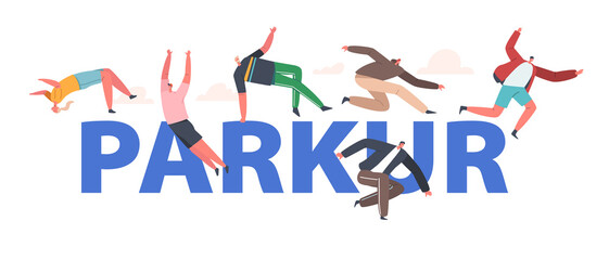 Parkour Concept. Young Men and Women Jumping Over Walls and Barriers, Teenagers Urban Sports, Active Lifestyle