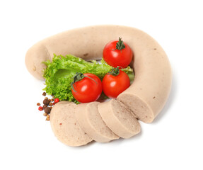 Delicious liver sausage, tomatoes, lettuce and peppercorns on white background
