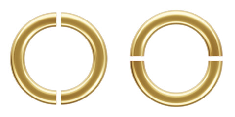 Polished metal objects over white background. Golden torus and parts. Realistic 3D illustration for modern graphic designs.