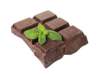 Tasty chocolate piece with mint on white background
