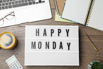 Light box with message Happy Monday, office stationery and cup of coffee on wooden desk, flat lay