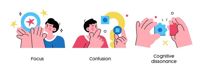 Different mental states - set of abstract concept illustrations. Focus, confusion, cognitive dissonance. Visual stories collecction.