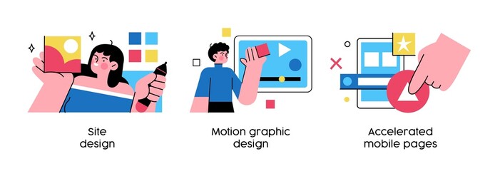 Web development services - set of abstract business concept illustrations. Web design, motion graphic, mobile pages. Visual stories collecction.