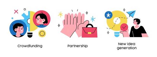 Crowdfunding best practices - set of business concept illustrations. Generating ideas, finding partners, raising funds. Visual stories collection