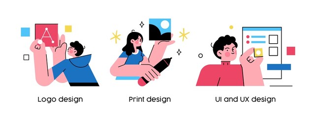 Design services - set of business concept illustrations. Ideas, quality, best customer reviews. Visual stories collection