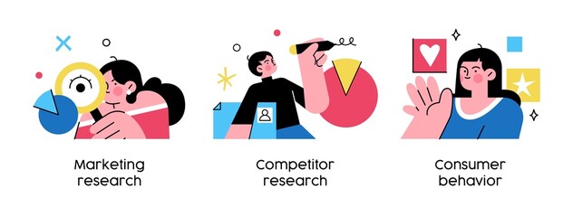 Targeting strategy - set of business concept illustrations. Marketing research, Competitor research, Consumer behavior. Visual stories collection