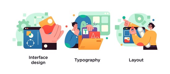 Interface design, typography and layout concept with tiny people. UI design abstract vector illustration set.