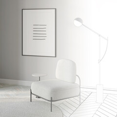 A sketch becomes a real minimalistic interior with a vertical poster on a gray wall, a modern lamp near an armchair with a coffee table, a round carpet on a white parquet floor. 3d render