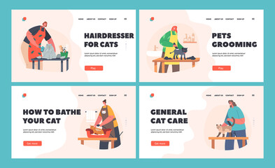 Hairdressers Characters Care of Cats Landing Page Template Set. Groomer Cut Wool, Nails, Washing and Comb in Salon