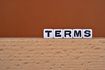 Fototapeta premium Word cubes lined up with the letters TERMS written on it. Copy space available.