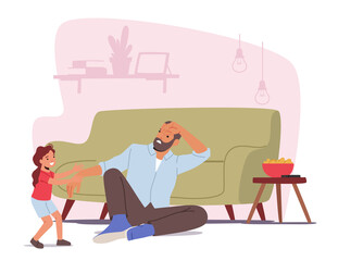 Depressed Sleepy Father Character Sitting on Floor while Daughter Invite him to Play. Tired Parent with Child at Home