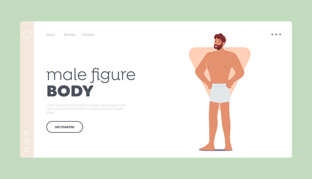 Male Figure Body Landing Page Template. Man with Inverted Triangle Body Shape Posing with Arms Akimbo, Male Figure Type