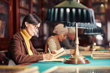Side view portrait of adult woman studying in classic library by lamp light, copy space