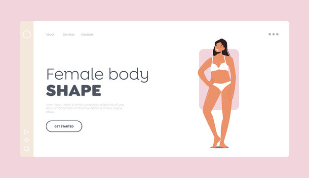 Female Body Shape Landing Page Template. Woman with Rectangle Body Rejoice with Arm Akimbo, Female Character Figure Type