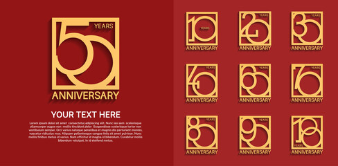 set anniversary logotype premium collection golden color in square isolated on red background - obrazy, fototapety, plakaty