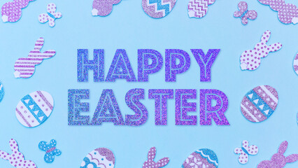 Happy Easter Card. Glitter decorative Easter purple eggs and bunnies on a blue background. Sparkling gradient text Happy Easter made in trendy colors.