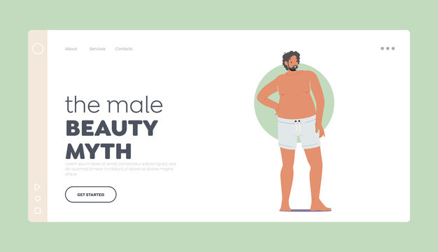 Male Beauty Myth Landing Page Template. Man with Round Body Shape with Arm Akimbo, Male Character Apple Figure Type