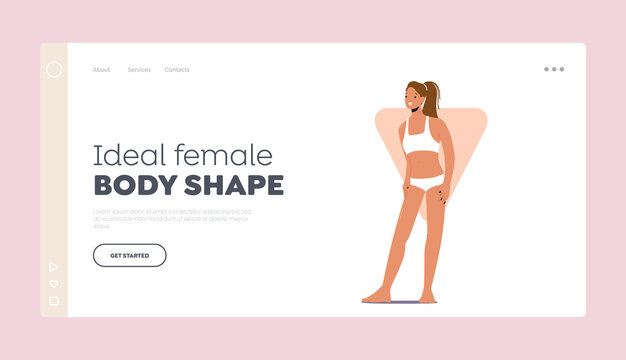 Ideal Female Body Shape Landing Page Template. Woman Inverted Triangle Posing in Bikini or Linen Panties and Bra