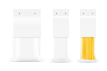 Transparent package with label isolated on white background. Vector illustration. Can be use for template your design, promo, adv. EPS10.	