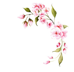 Watercolor blossom pink floral branch. Sakura, apple tree, blooming cherry, garden flowers. Illustration for spring design. Card making, scrapbooking, planner, web design. Isolated on white background