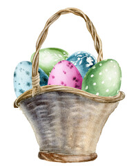 Watercolor easter basket with eggs. Illustration for spring design. Card making, scrapbooking, planner, web design. Isolated on white background