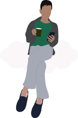 imaginación idea. joven sentado sobre una nube, mirando el celular y tomando café. Dejándose llevar por su imaginación. Vector sin fondo, fondos transparentes