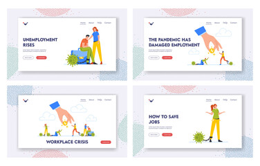 Workplace Crisis Landing Page Template Set. Business Characters with Virus Chain on Legs Begging Money from Huge Hand