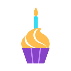 Birthday cupcake flat icon with burning candle. Colorful vanilla muffin decorated swirl whipped cream. Sweet festive dessert. Tasty homemade snack in cup. Flat minimal treat design vector illustration