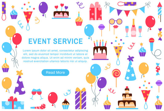 Event service background with text space. Birthday party carnival festival celebration banner with fun colorful flat elements cake gift box balloons wine champagne hat muffin candy vector illustration