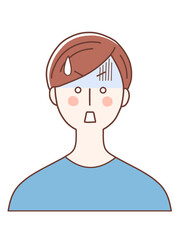 a shocked brown-haired man in blue.