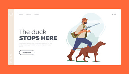 Hunter with Rifle and Dog Run Landing Page Template. Man Hunting Hobby or Outdoor Activity, Male Character in Camouflage