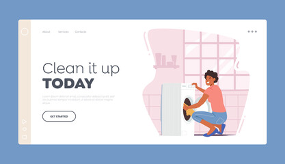 Woman in Laundry Landing Page Template. Young African Female Character Loading Dirty Clothes into Washing Machine