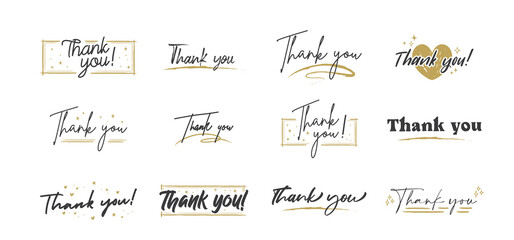 Thank you lettering. Black text word with gold stars. Hand drawn message design. Handwritten modern brush typo isolated vector. Scratched calligraphy style.