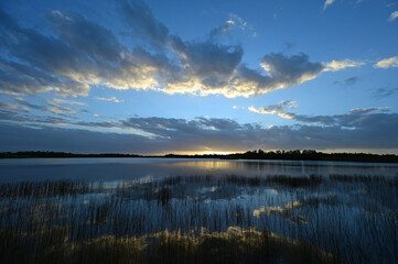 Obraz premium Sunrise cloudscape reflected in tranquil water of Nine Mile Pond in Everglades National Park, Florida.