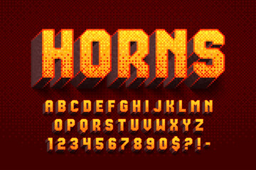 Naklejka na ściany i meble Pixel vector alphabet design, stylized like in 8-bit games.