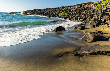 Waves Washing Over Green Sand, Papakolea Beach,  Hawaii Island, Hawaii, USA