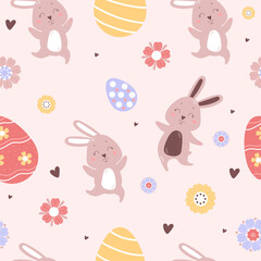 Seamless Easter pattern. Happy Cute Easter bunnies on a light background with Easter eggs and flowers. Vector illustration. For easter design, decor, print, packaging and wallpaper