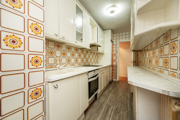 fitted kitchen with vintage kitsch designer tiles white wood countertop and hardwood floors