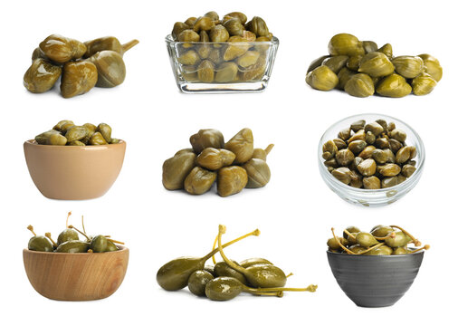 Set with pickled capers on white background
