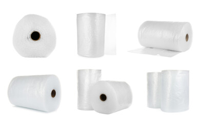 Set with transparent bubble wrap rolls on white background